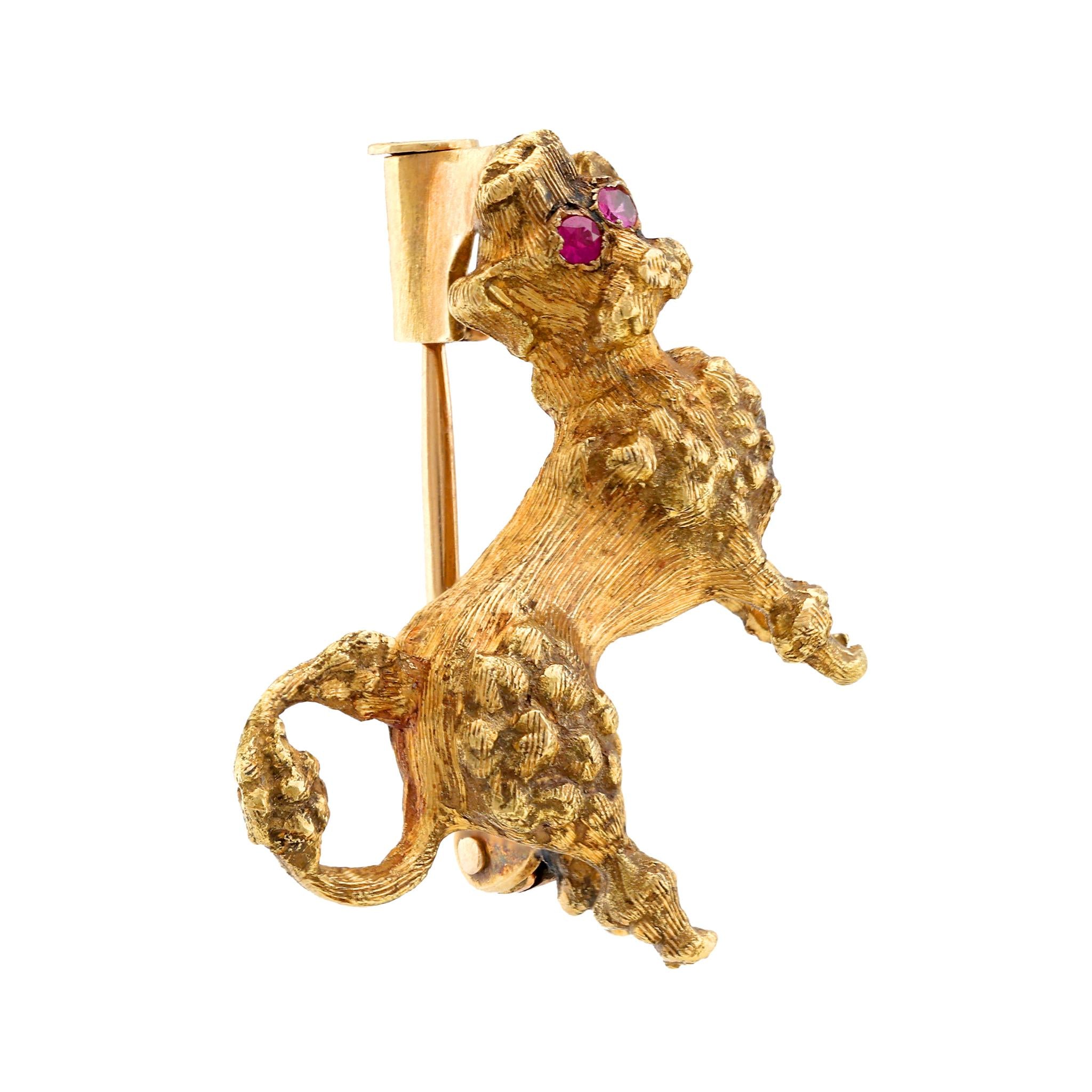Vintage ruby 18k yellow gold poodle brooch