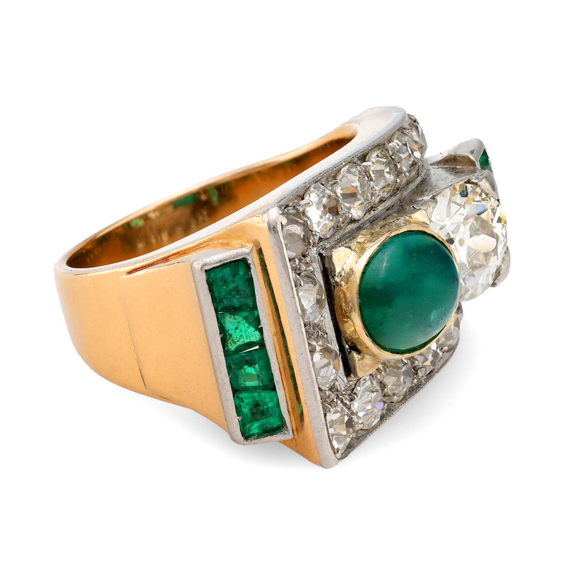 Retro emerald diamond 18k yellow gold ring