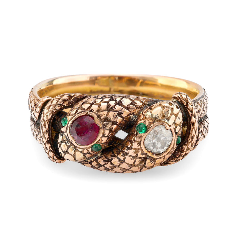 Victorian 18k rose gold ruby diamond snake ring