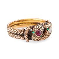 Victorian 18k rose gold ruby diamond snake ring