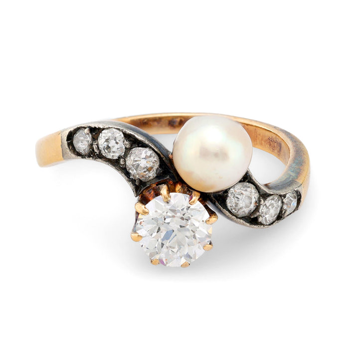 Edwardian pearl diamond 18k yellow gold silver Toi Et Moi ring