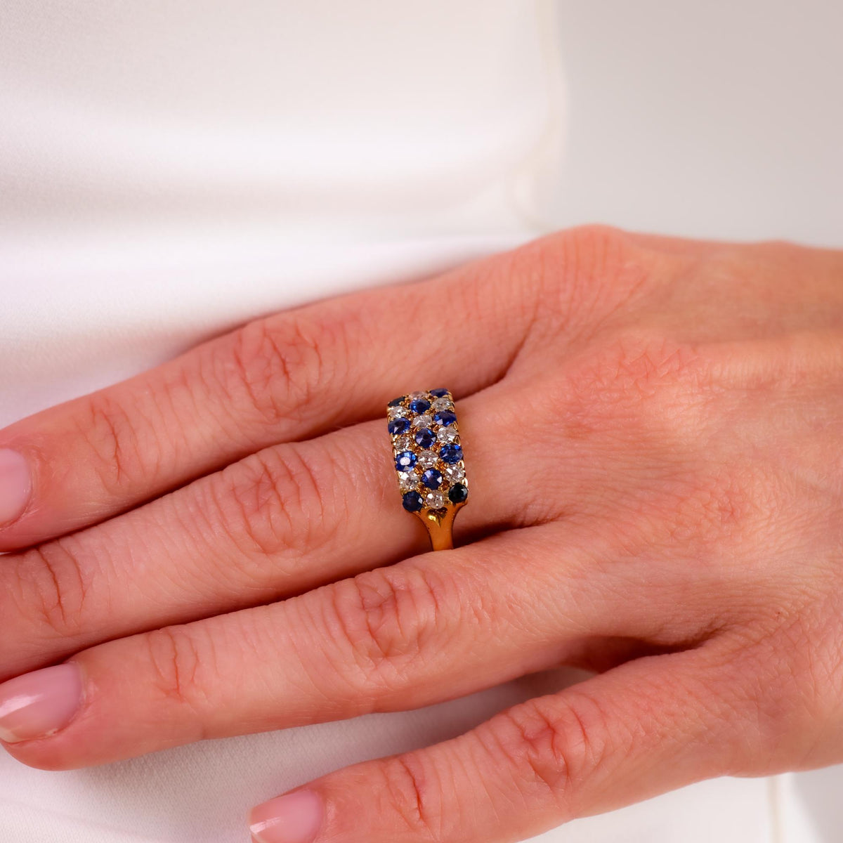 Victorian sapphire diamond 18k yellow gold checkerboard ring