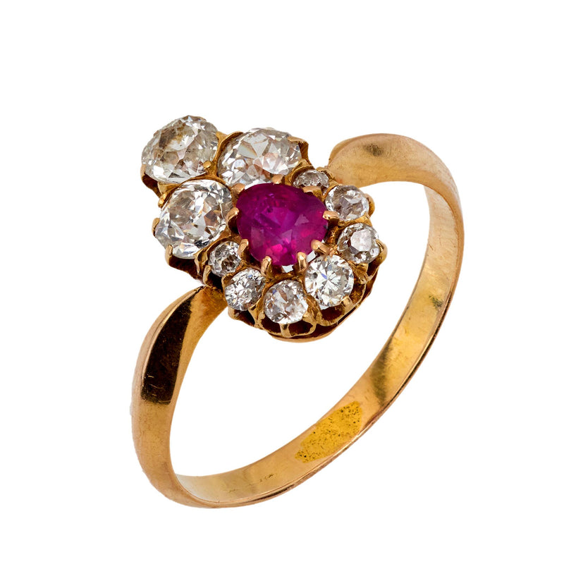 Victorian ruby diamond 18k yellow gold ring