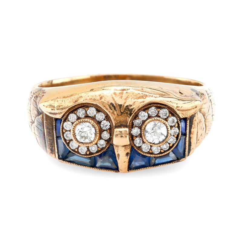 Retro diamond sapphire 14k yellow gold owl ring