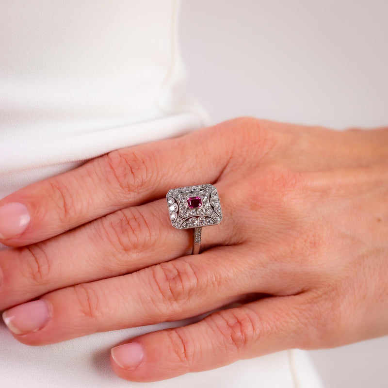 Art Deco Inspired ruby diamond platinum square ring