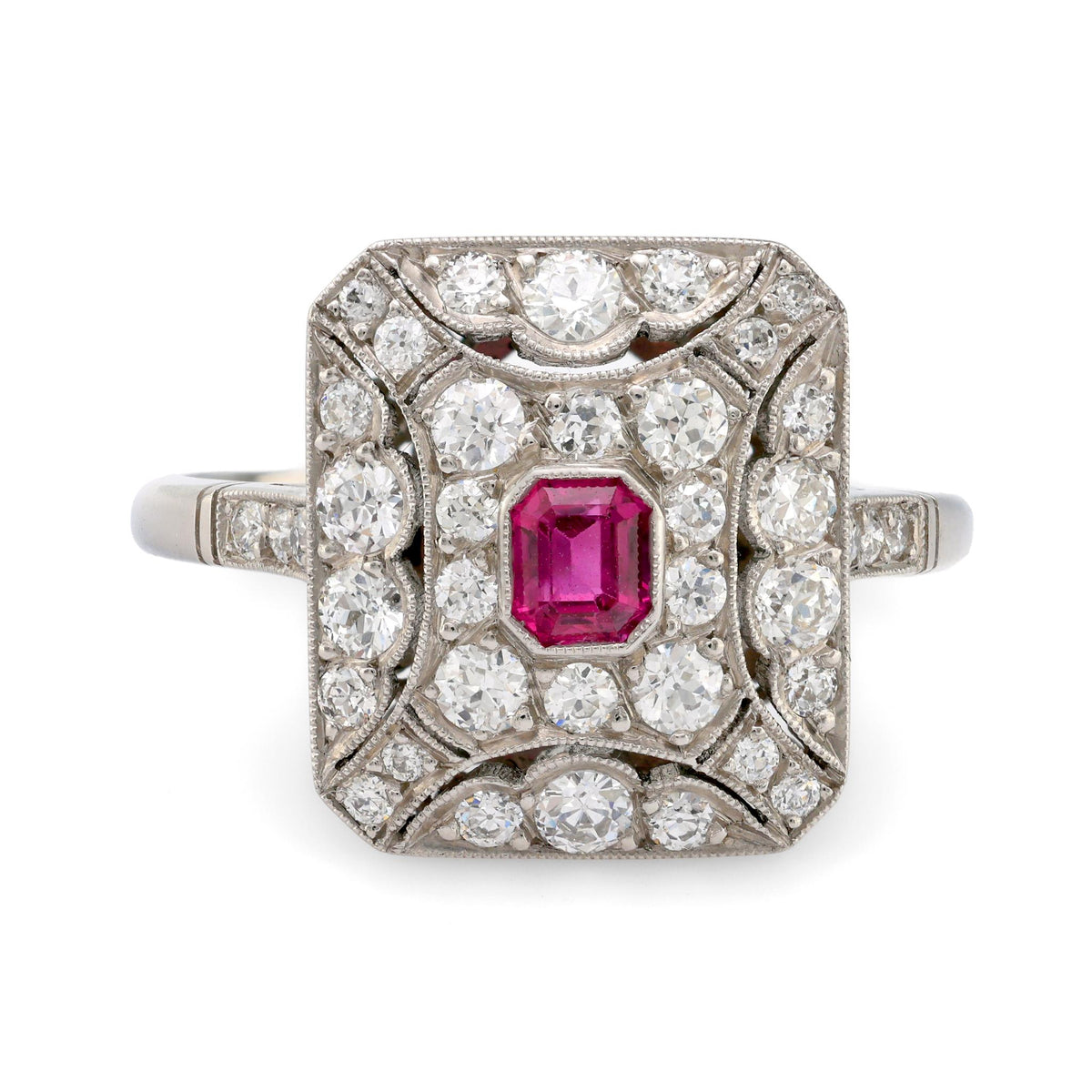 Art Deco Inspired ruby diamond platinum square ring