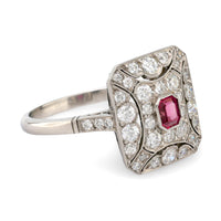 Art Deco Inspired ruby diamond platinum square ring