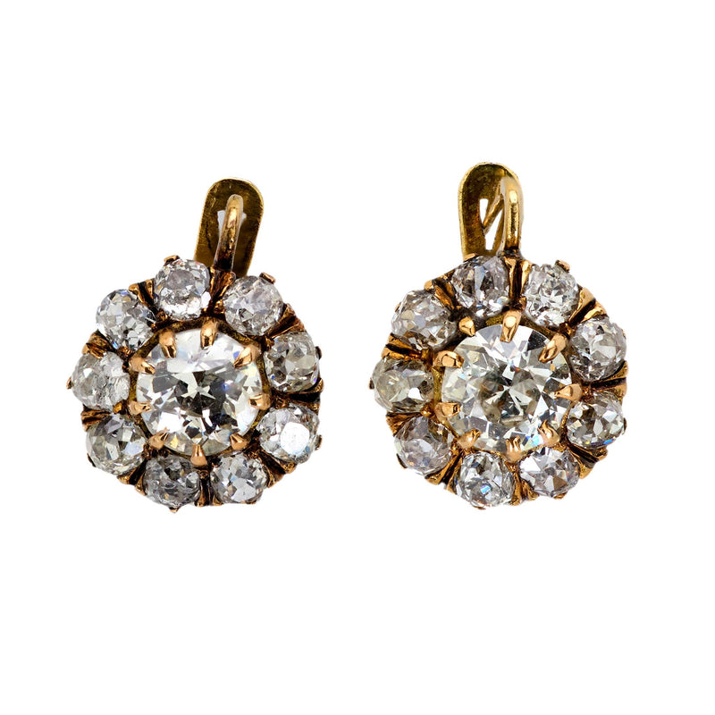 Victorian style 3 carat diamond 18k yellow gold cluster earrings