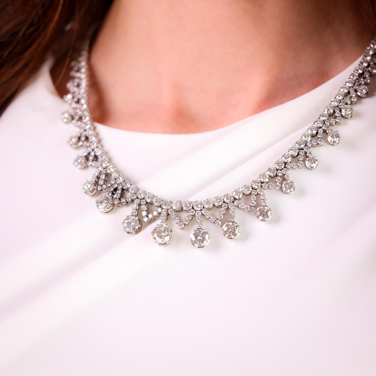 Mid Century 35 carat total weight diamond platinum cocktail necklace