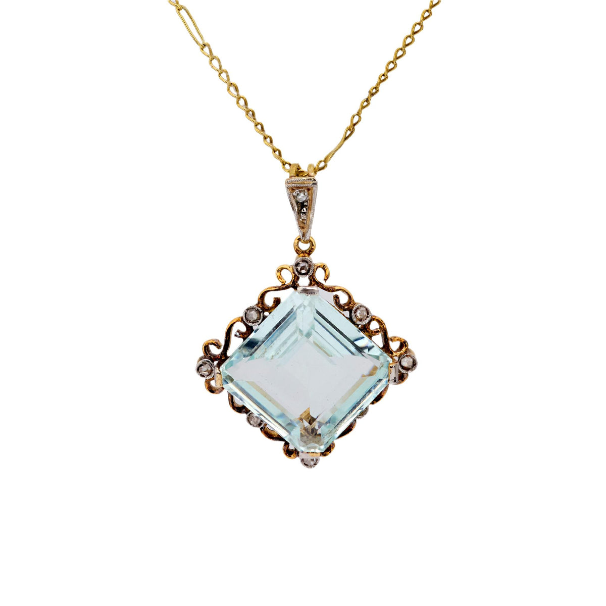 Retro aquamarine diamond 18k yellow gold necklace