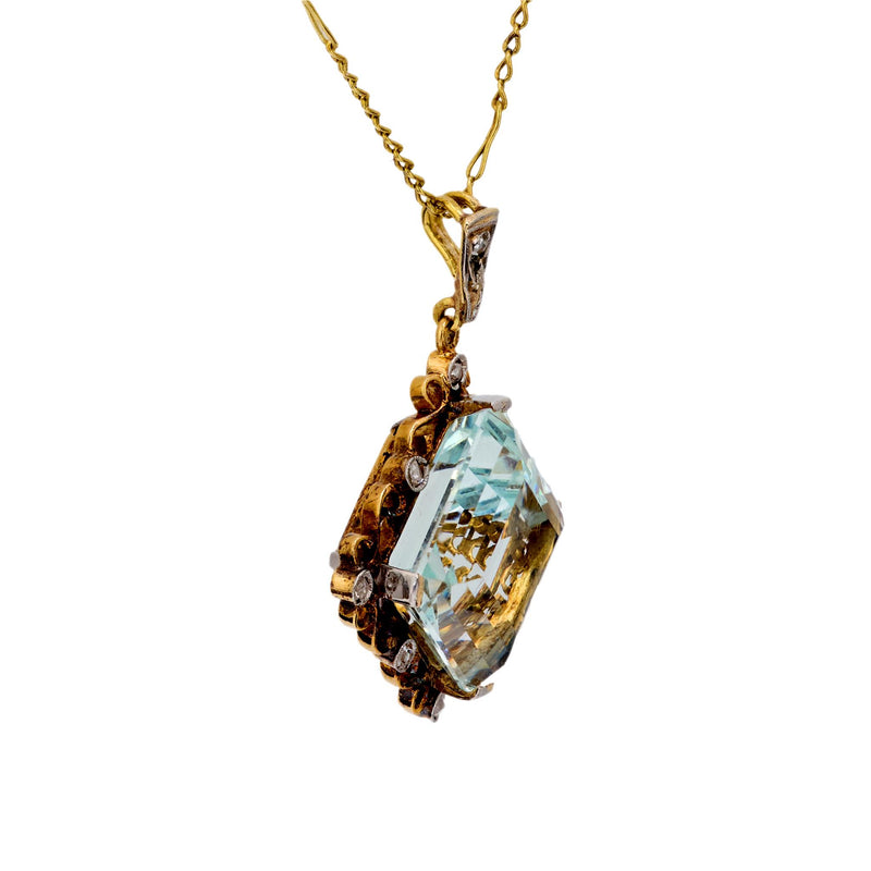 Retro aquamarine diamond 18k yellow gold necklace