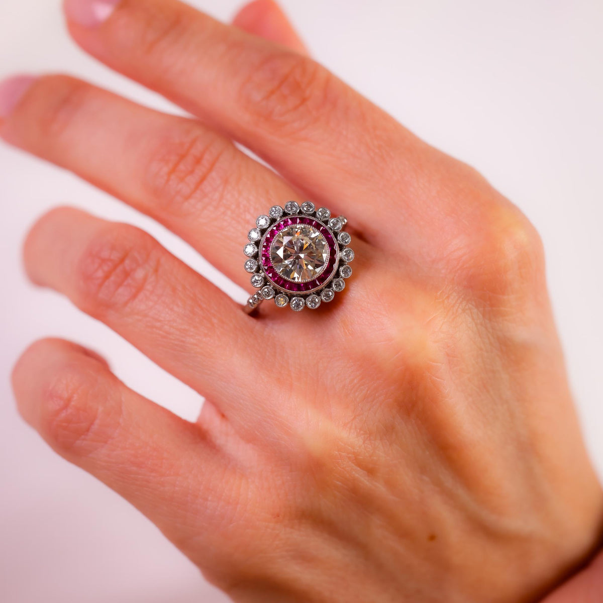 Art Deco style 1.95 carat diamond ruby platinum target ring