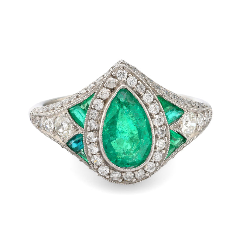 Art Deco style 1.15 carat emerald diamond platinum cocktail ring