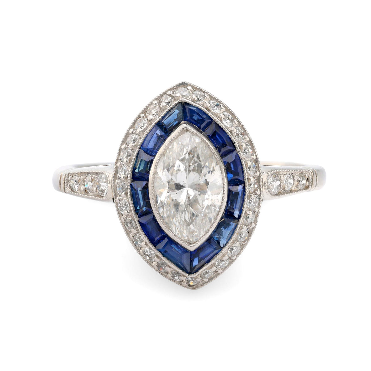 Art Deco style diamond sapphire platinum navette ring