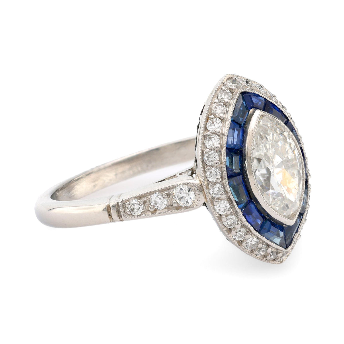 Art Deco style diamond sapphire platinum navette ring