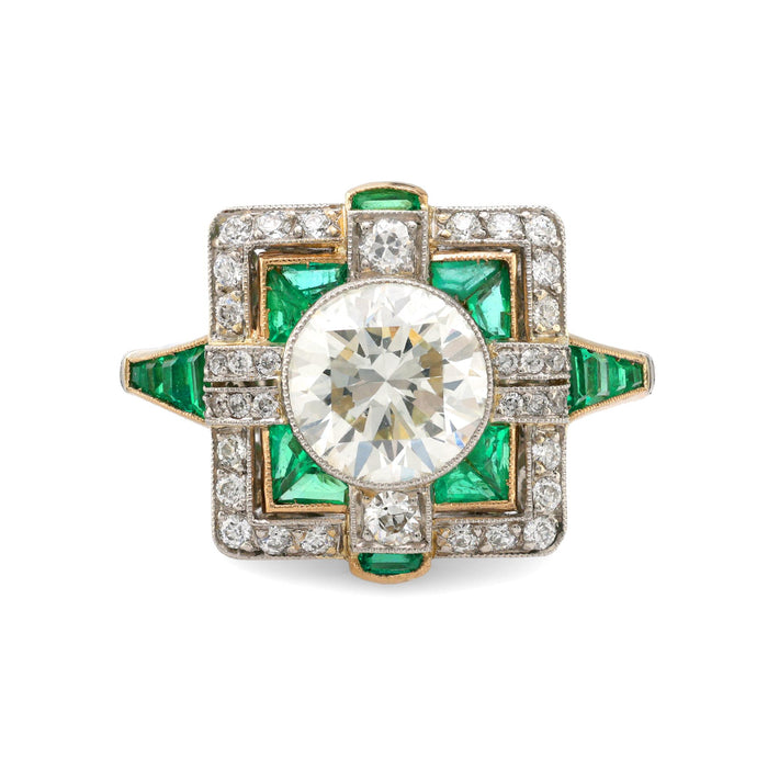 Art Deco style 1.64 carat diamond emerald platinum square ring