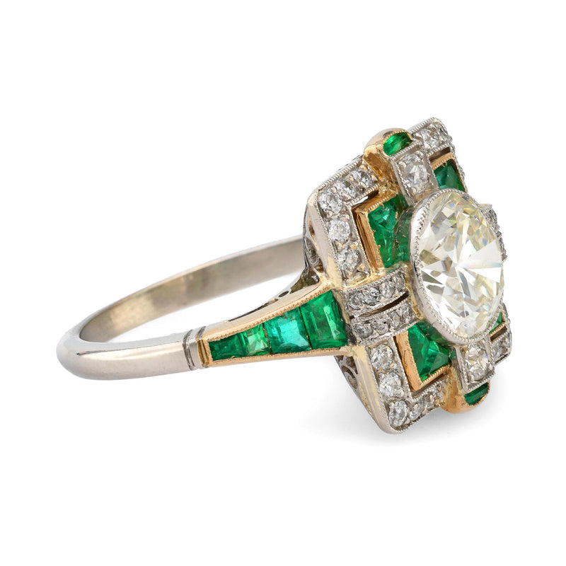 Art Deco style 1.64 carat diamond emerald platinum square ring