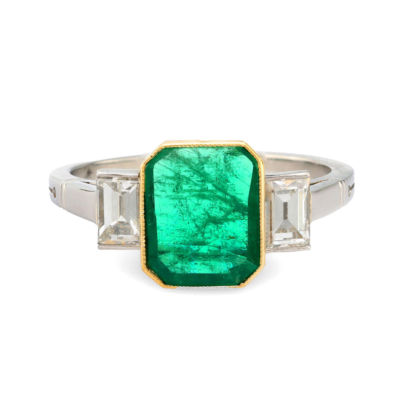 Vintage emerald diamond platinum and 18k yellow gold ring