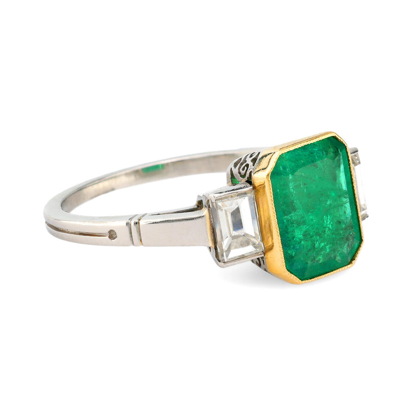 Vintage emerald diamond platinum and 18k yellow gold ring