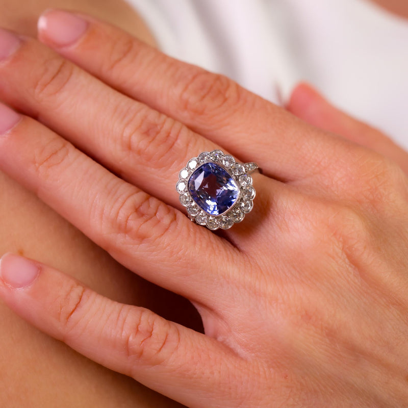 Vintage 5.70 carat sapphire diamond platinum halo ring