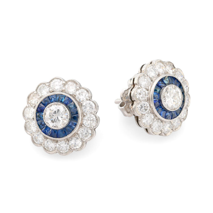 Art Deco style diamond sapphire platinum cluster earrings