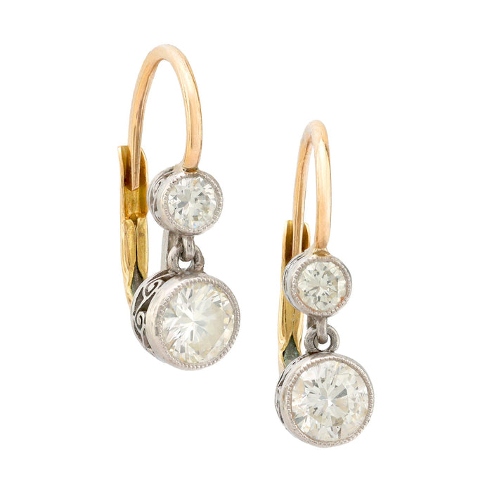 Antique style .85 carat total weight diamond 18k gold platinum drop earrings