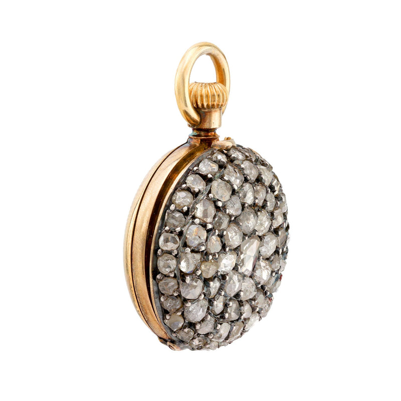 Antique 2.30 carat diamond 18k yellow gold silver covered pocket watch pendant