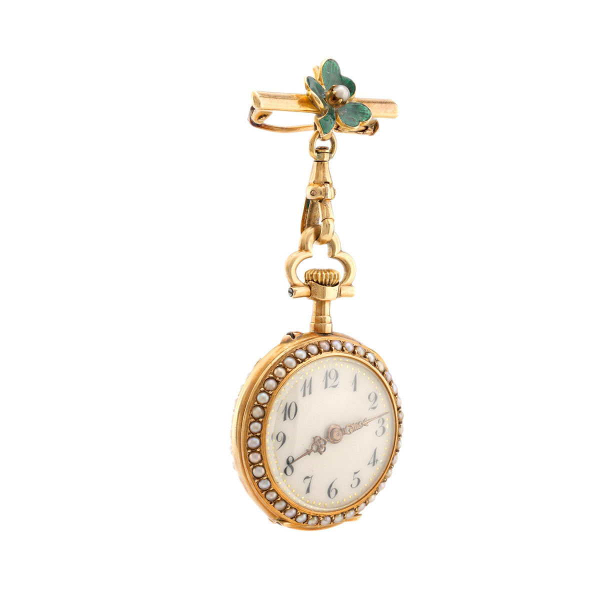 Antique diamond pearl 18k yellow gold enamel pendant brooch watch