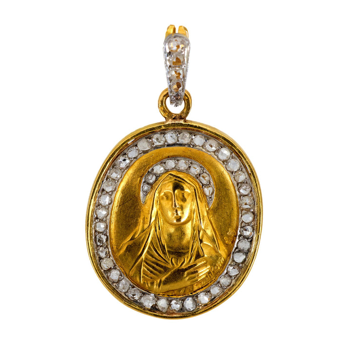 Antique rose cut diamond 18k yellow gold Saint pendant