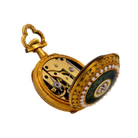 Victorian French diamond pearl 18k yellow gold enamel pendant watch