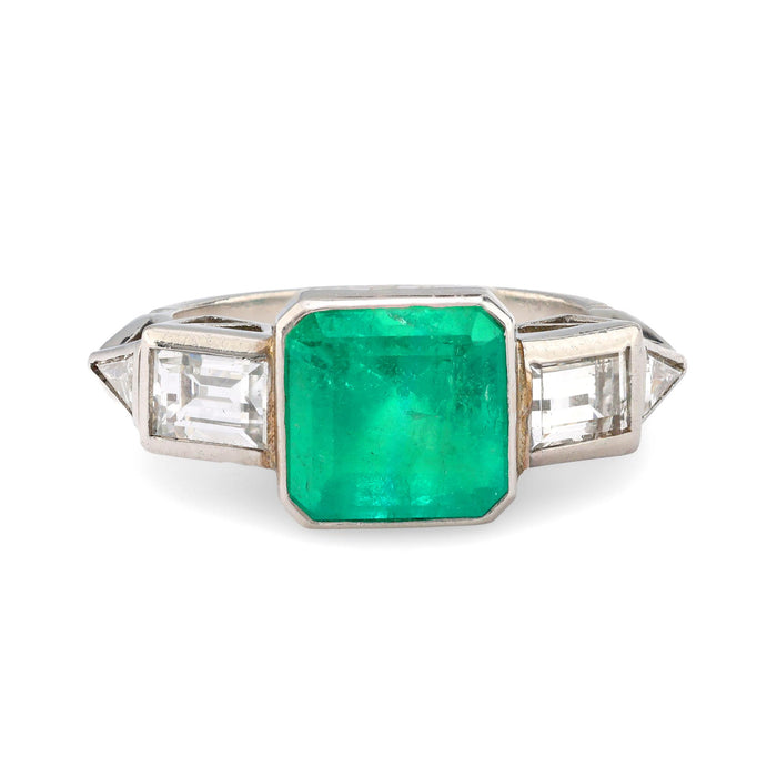 Art Deco style 1.77 carat emerald diamond platinum ring