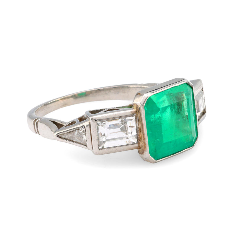 Art Deco style 1.77 carat emerald diamond platinum ring