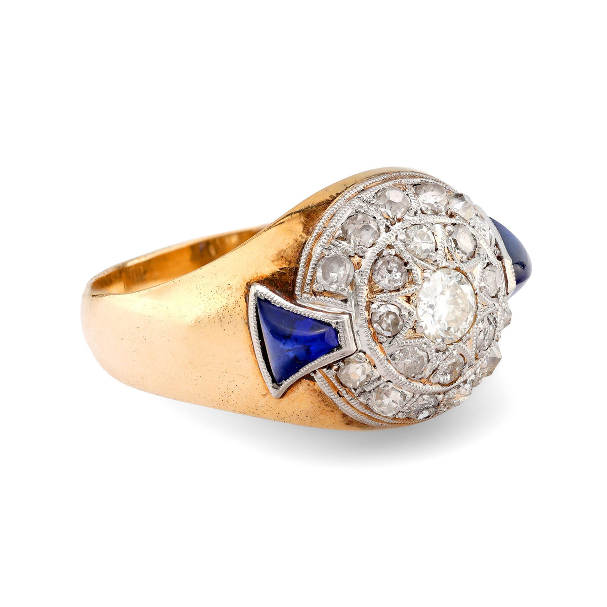 Retro synthetic sapphire 18k yellow gold diamond ring