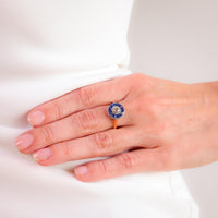 Art Deco style diamond sapphire 18k gold and platinum halo ring