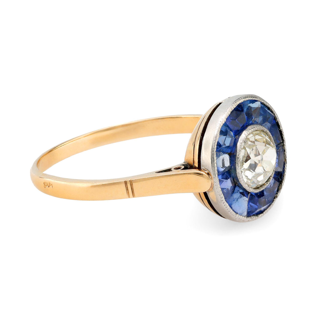 Art Deco style diamond sapphire 18k gold and platinum halo ring