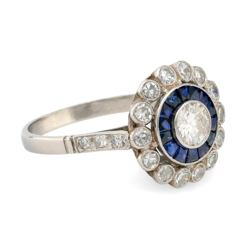 Art Deco style 0.35 carat diamond sapphire platinum target ring