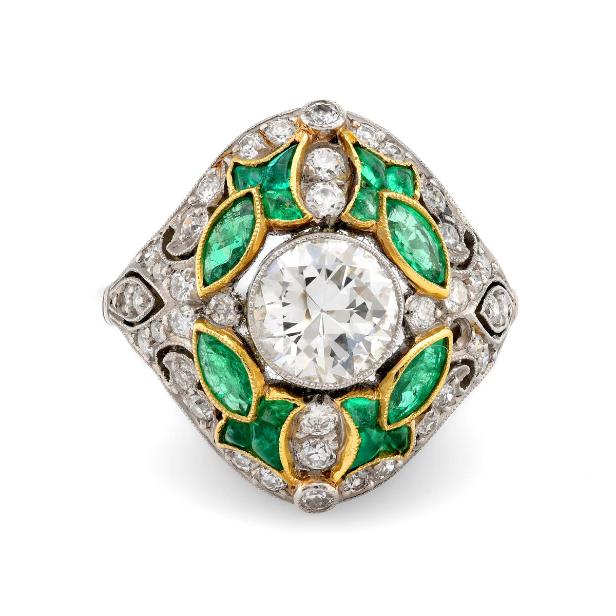 Art Deco revival 1.08 carat diamond emerald ring