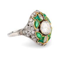 Art Deco revival 1.08 carat diamond emerald ring