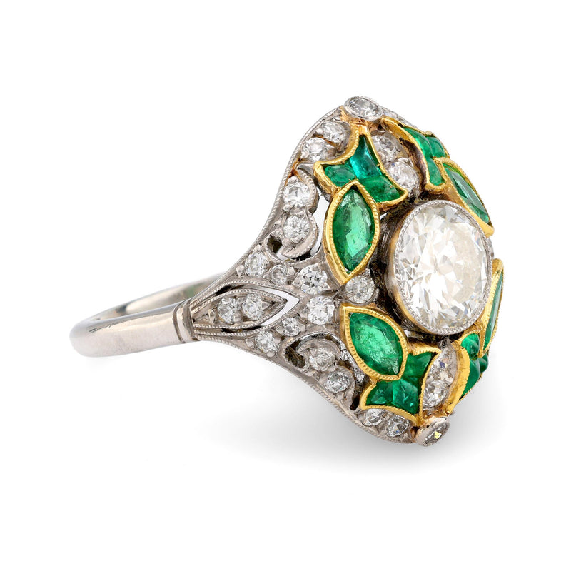 Art Deco revival 1.08 carat diamond emerald ring