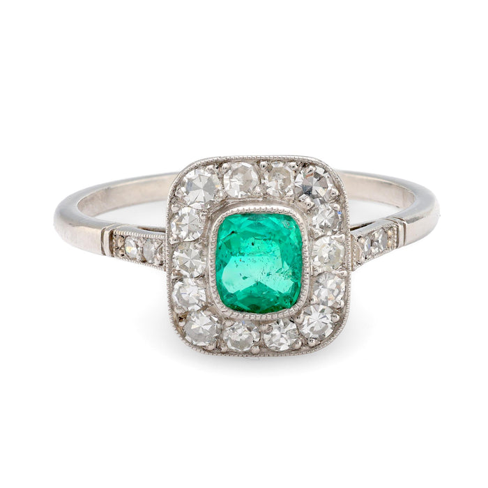 Art Deco style .54 carat emerald diamond platinum ring