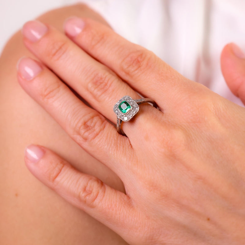 Art Deco style .54 carat emerald diamond platinum ring