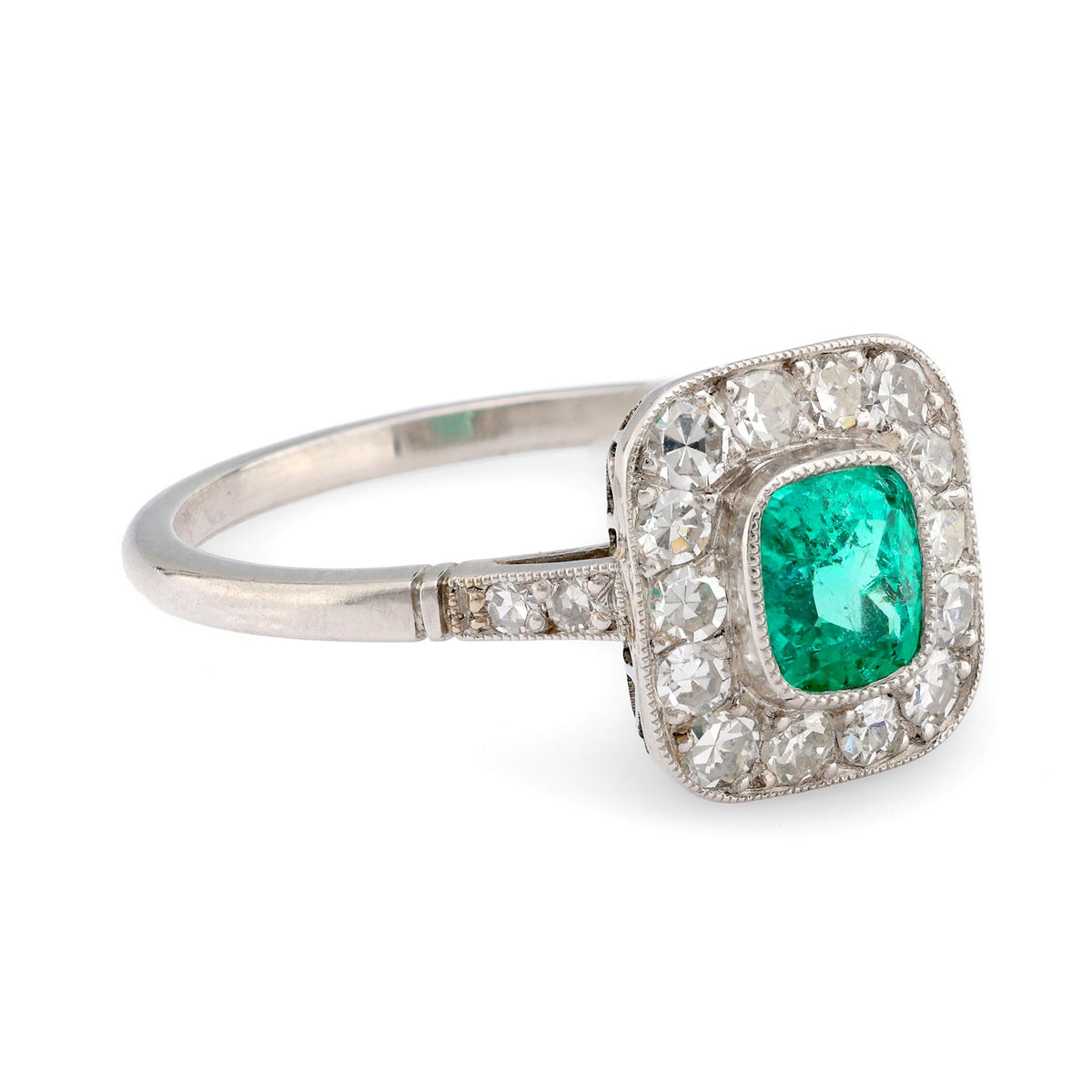 Art Deco style .54 carat emerald diamond platinum ring