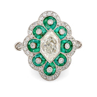 Art Deco style diamond emerald platinum Navette ring