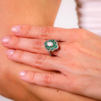 Art Deco style diamond emerald platinum Navette ring