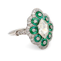 Art Deco style diamond emerald platinum Navette ring