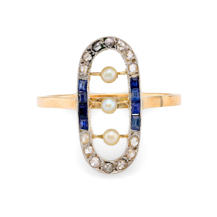 Victorian seed pearl diamond sapphire 18k yellow gold Navette ring