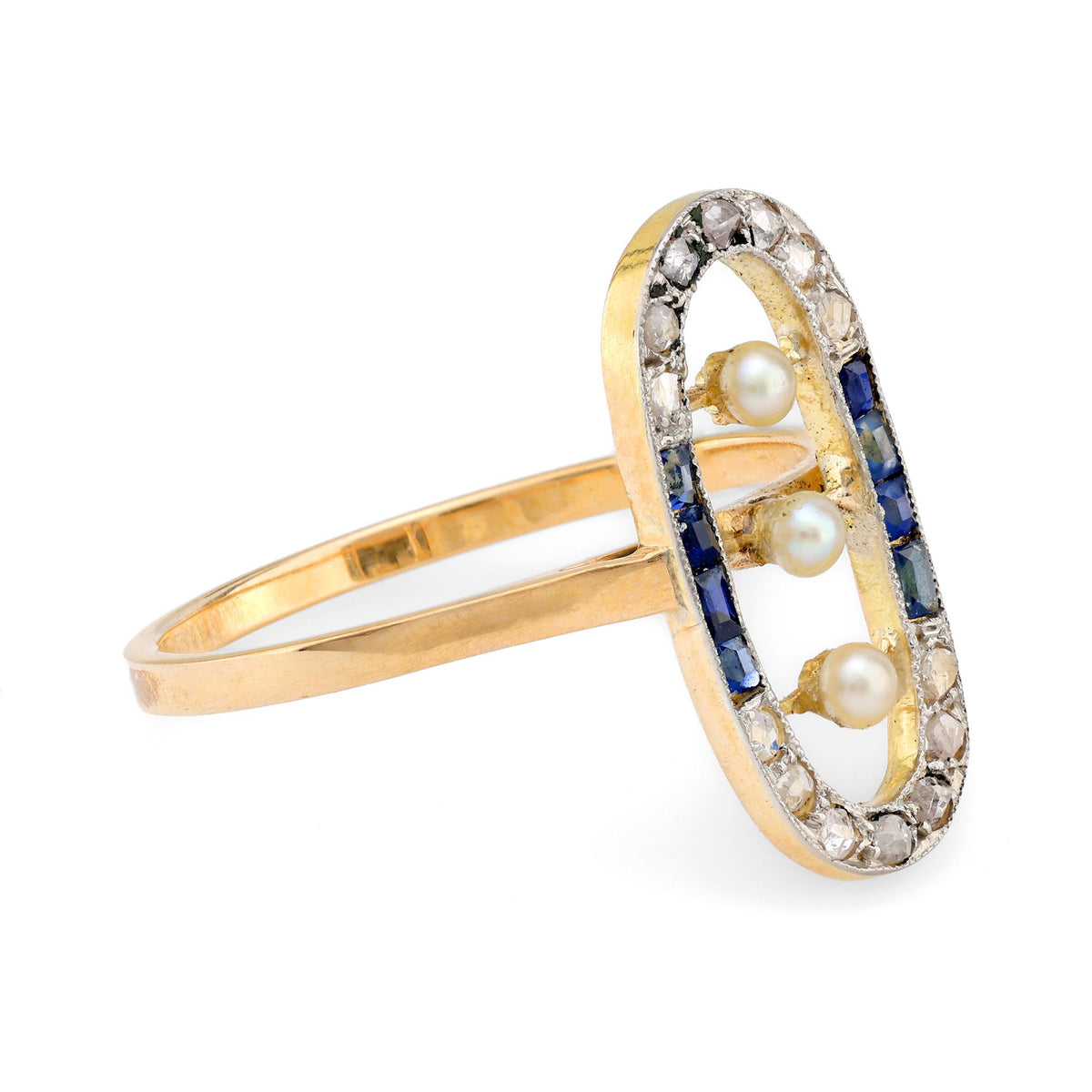 Victorian seed pearl diamond sapphire 18k yellow gold Navette ring