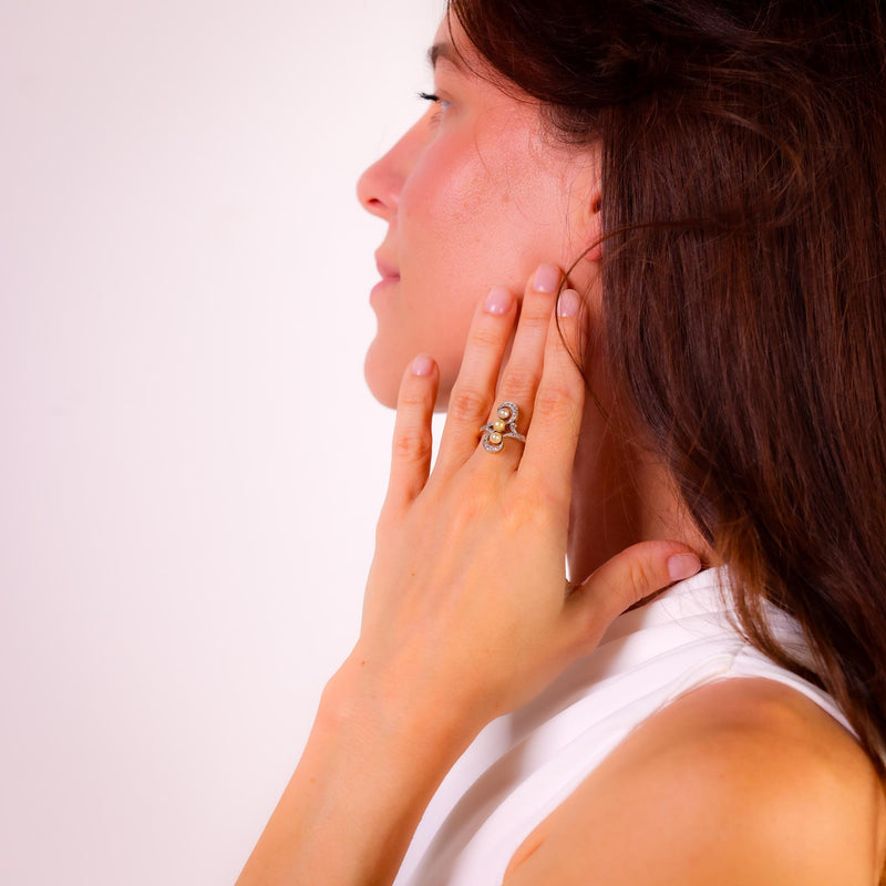 Edwardian pearl diamond 18k yellow gold and platinum navette ring