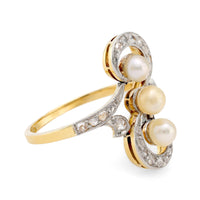 Edwardian pearl diamond 18k yellow gold and platinum navette ring