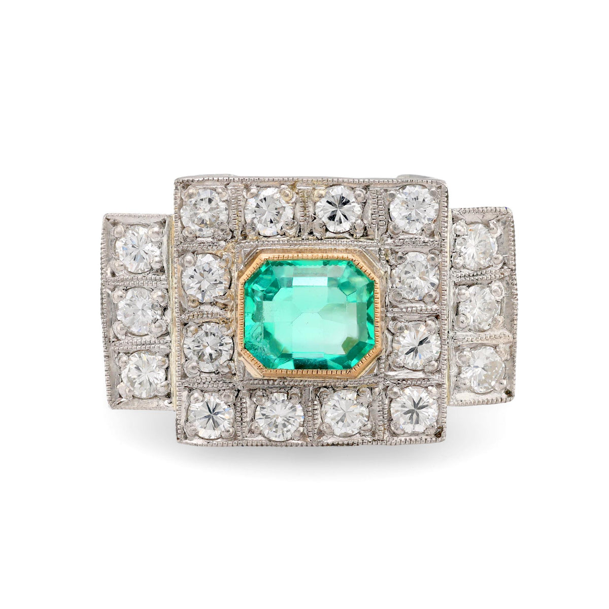 Art Deco style 1.17 carat emerald diamond platinum Tank ring